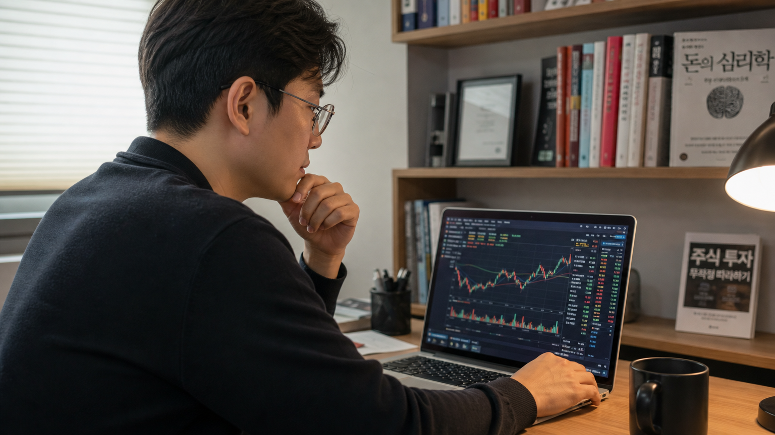 현대적인 환경에서 노트북으로 주식 시장 데이터를 분석하는 투자자