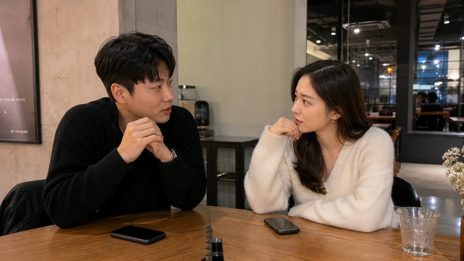 현대식 카페에서 스마트폰을 두고 전략적인 대화를 나누는 젊은 커플