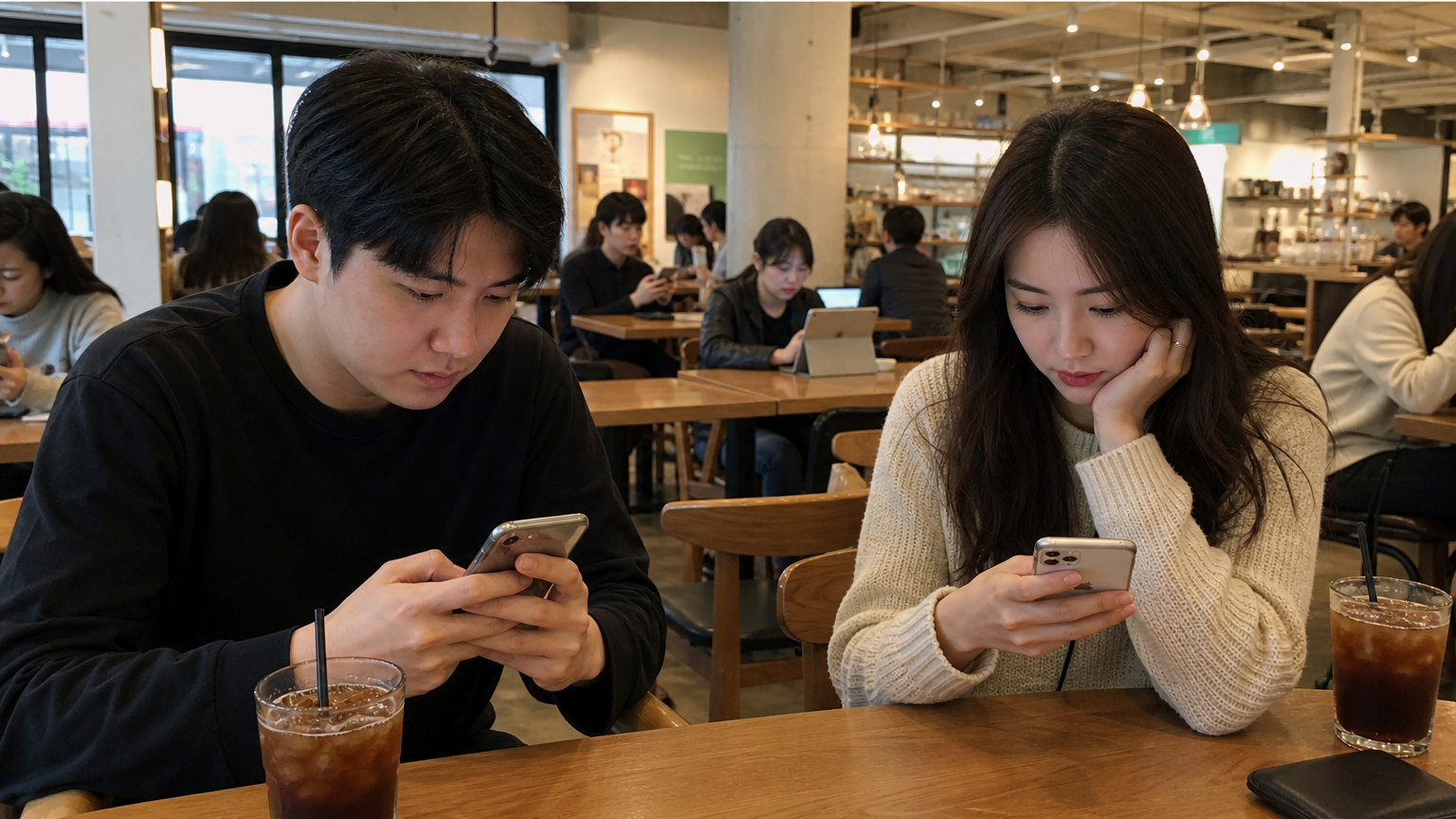 최신식 카페에서 데이팅 앱을 사용하는 젊은이들의 집중된 모습