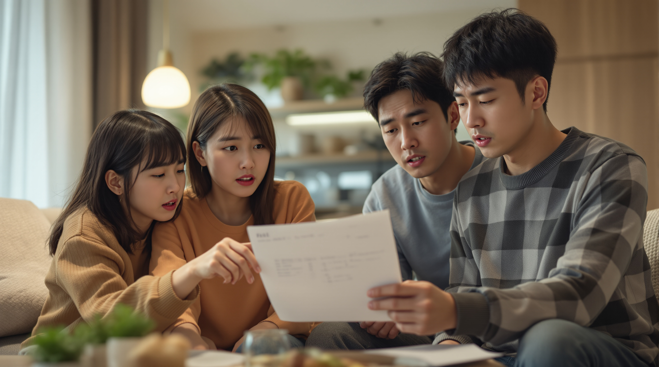 가족이 아파트 거실에서 전기 요금을 보고 걱정하는 모습