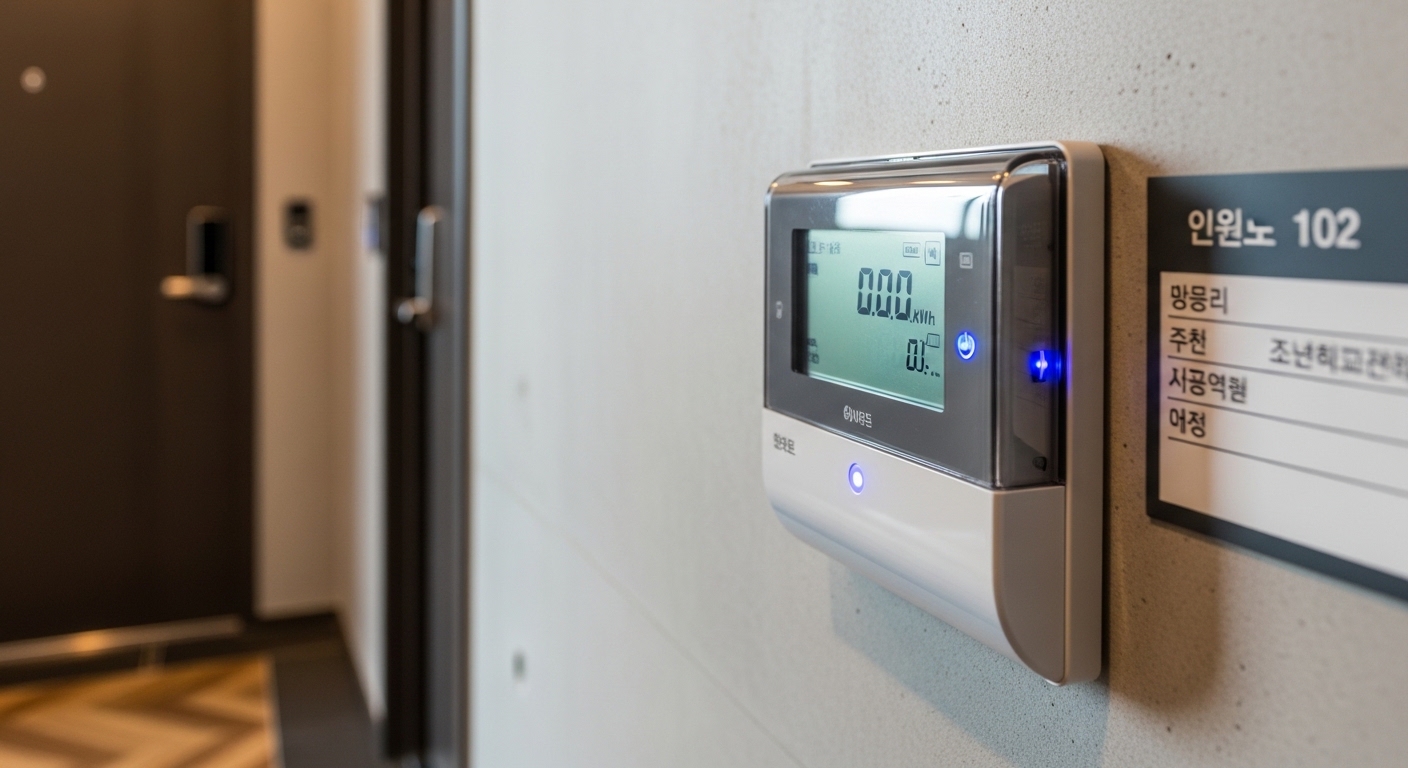 한국 아파트 복도에 설치된 스마트 계량기의 클로즈업 이미지