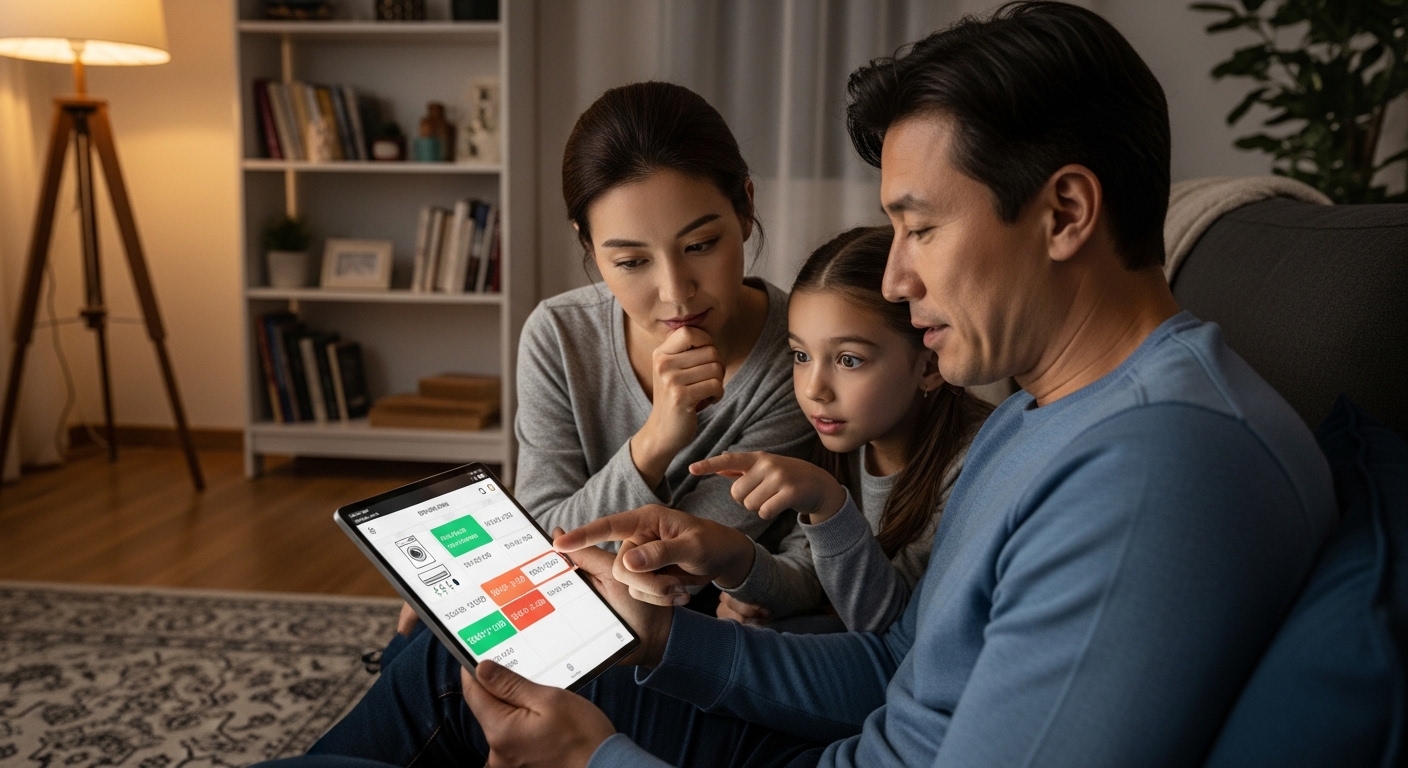 저녁 시간에 태블릿 앱으로 가전제품 사용 일정을 조정하는 가족 모습