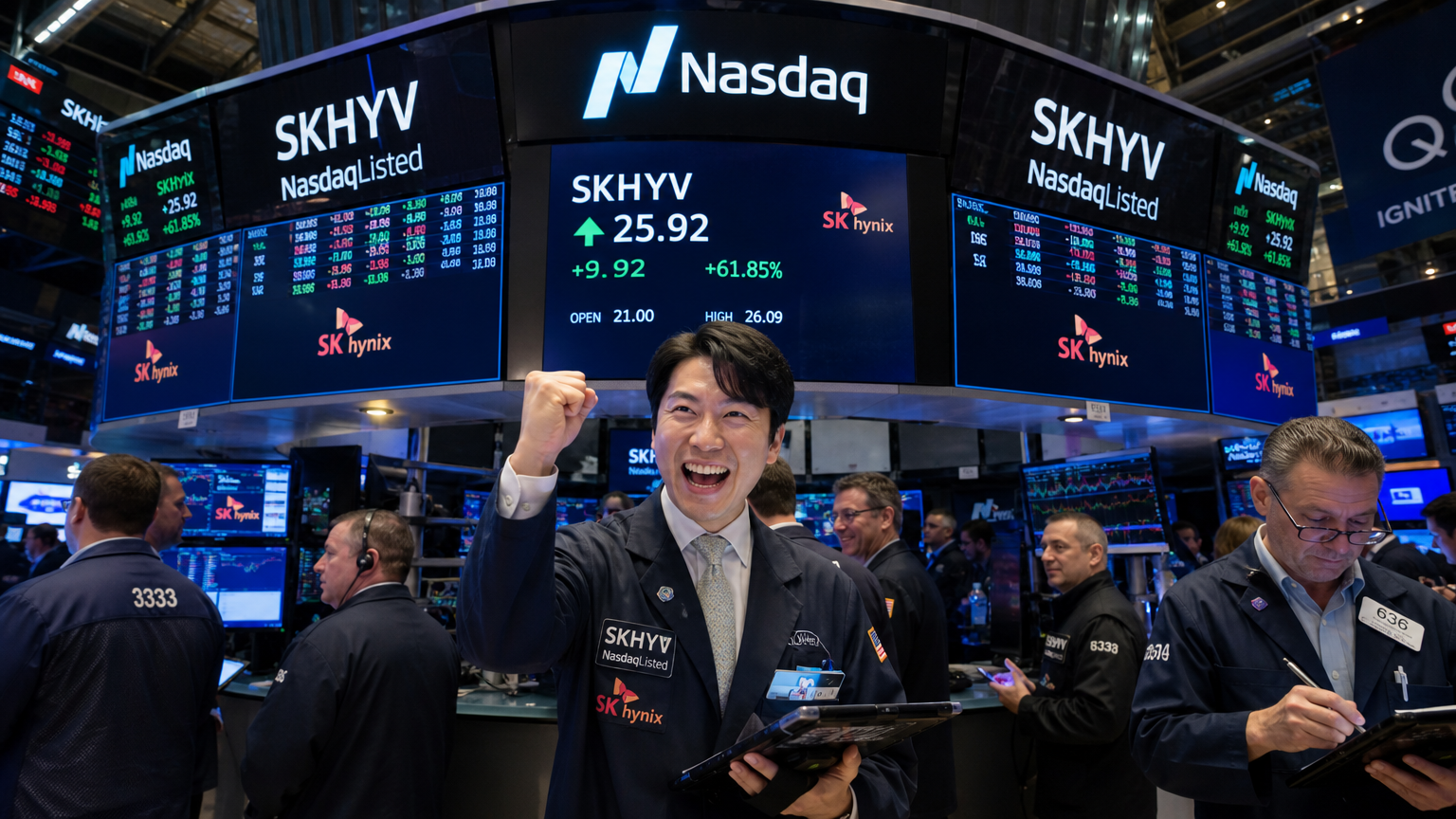 나스닥 거래소에서 'SKHYV' 티커가 표시된 라이브 주식 전광판 앞에서 성공적인 데뷔를 축하하는 한국 트레이더