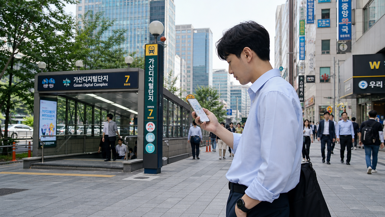 가산디지털단지역 근처에서 부동산 목록을 스마트폰으로 확인하는 직장인의 모습