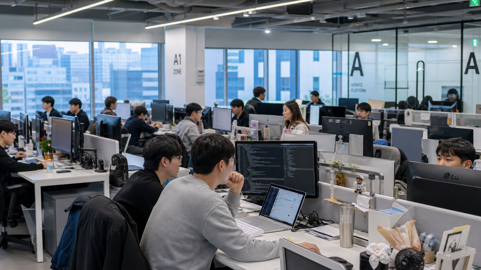 가산디지털단지 내 첨단 기술 회사의 현대적인 사무실에서 협업 중인 젊은 전문가들