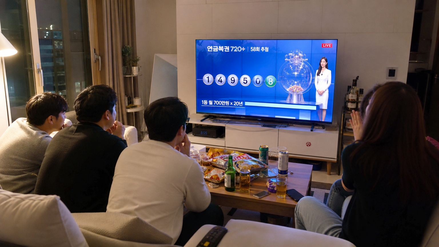 현대적인 한국 아파트에서 친구들이 모여 로또 추첨 방송을 시청하는 모습