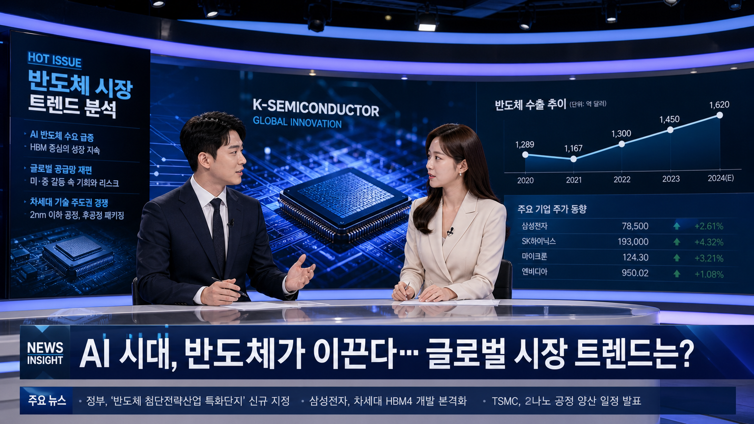 뉴스 스튜디오에서 진행되는 반도체 관련 토론