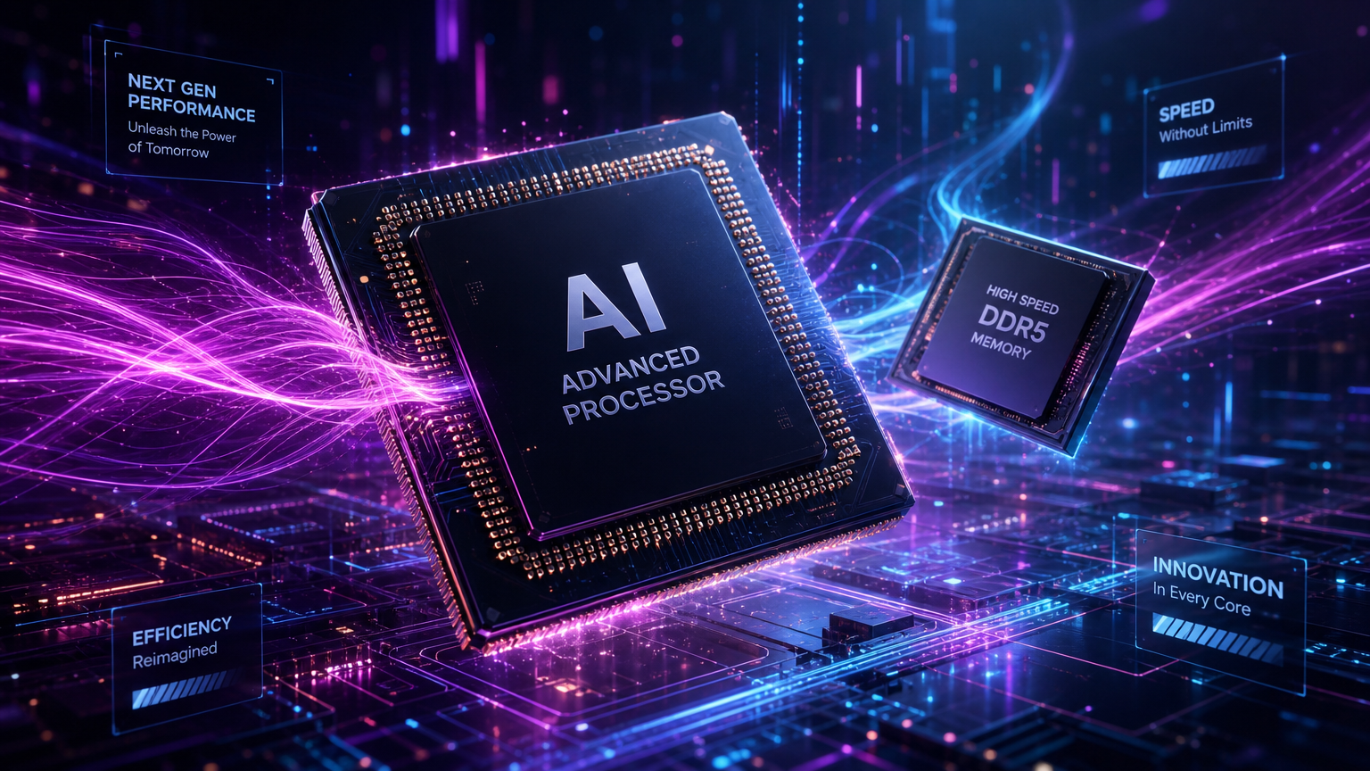 첨단 AI 프로세서와 메모리 칩이 떠 있는 디지털 풍경
