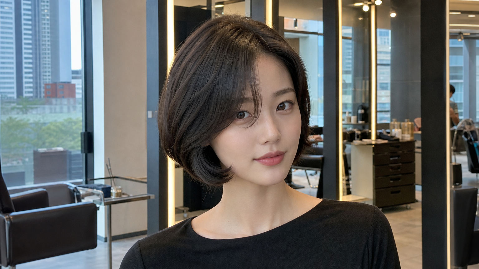 현대 서울의 미용실에서 레트로 단발 스타일을 한 여성의 세련된 모습