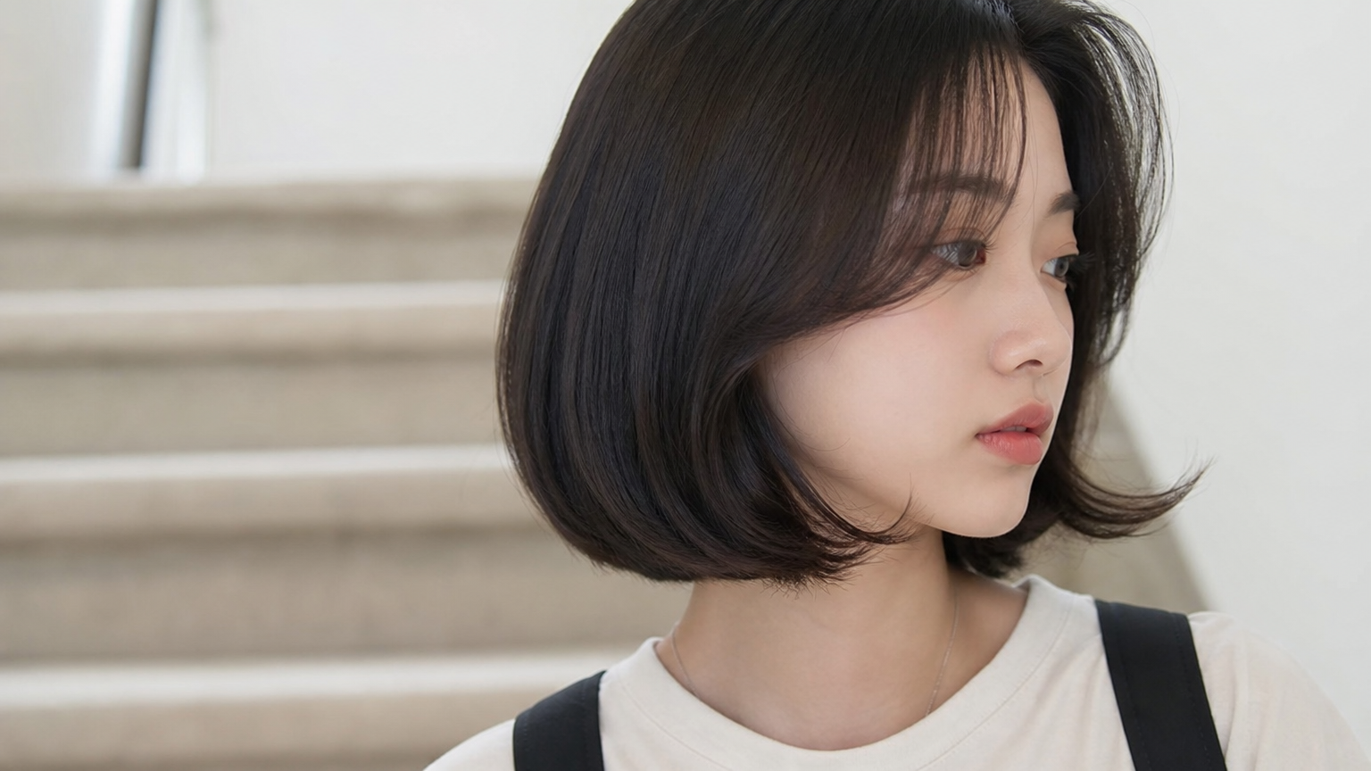 자연스러운 C컬이 들어간 단발 헤어스타일을 한 젊은 여성의 캐주얼한 모습