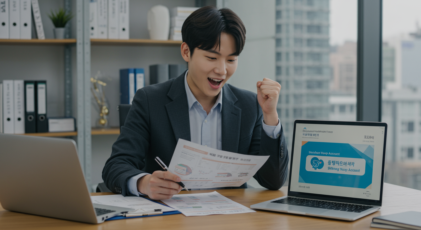 현대적인 사무실에서 신한 청년도약계좌 관련 서류와 노트북을 보며 설레는 표정을 짓고 있는 젊은 직장인의 모습