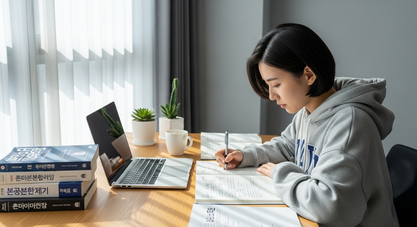 밝은 공부방에서 책상에 앉아 노트를 펼쳐놓고 집중하고 있는 학생의 모습