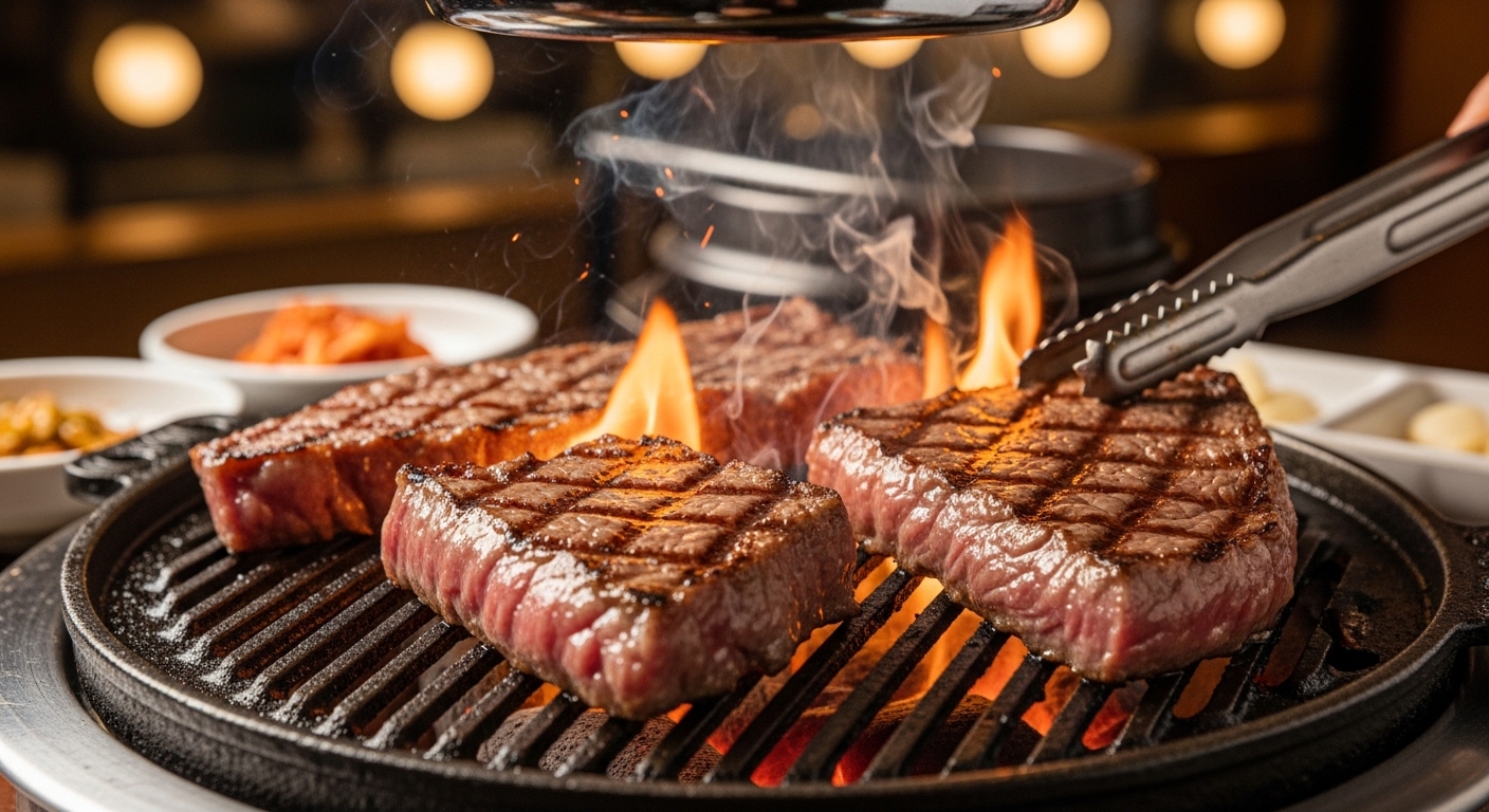 스타일리시한 한국 BBQ 환경에서 숯불 위에 구워지는 프리미엄 숙성 소고기 클로즈업