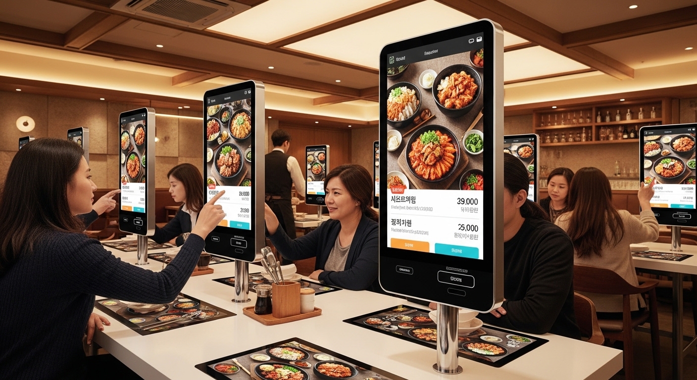 각 테이블에 설치된 세련된 키오스크와 기술과 상호작용하는 고객들의 모습
