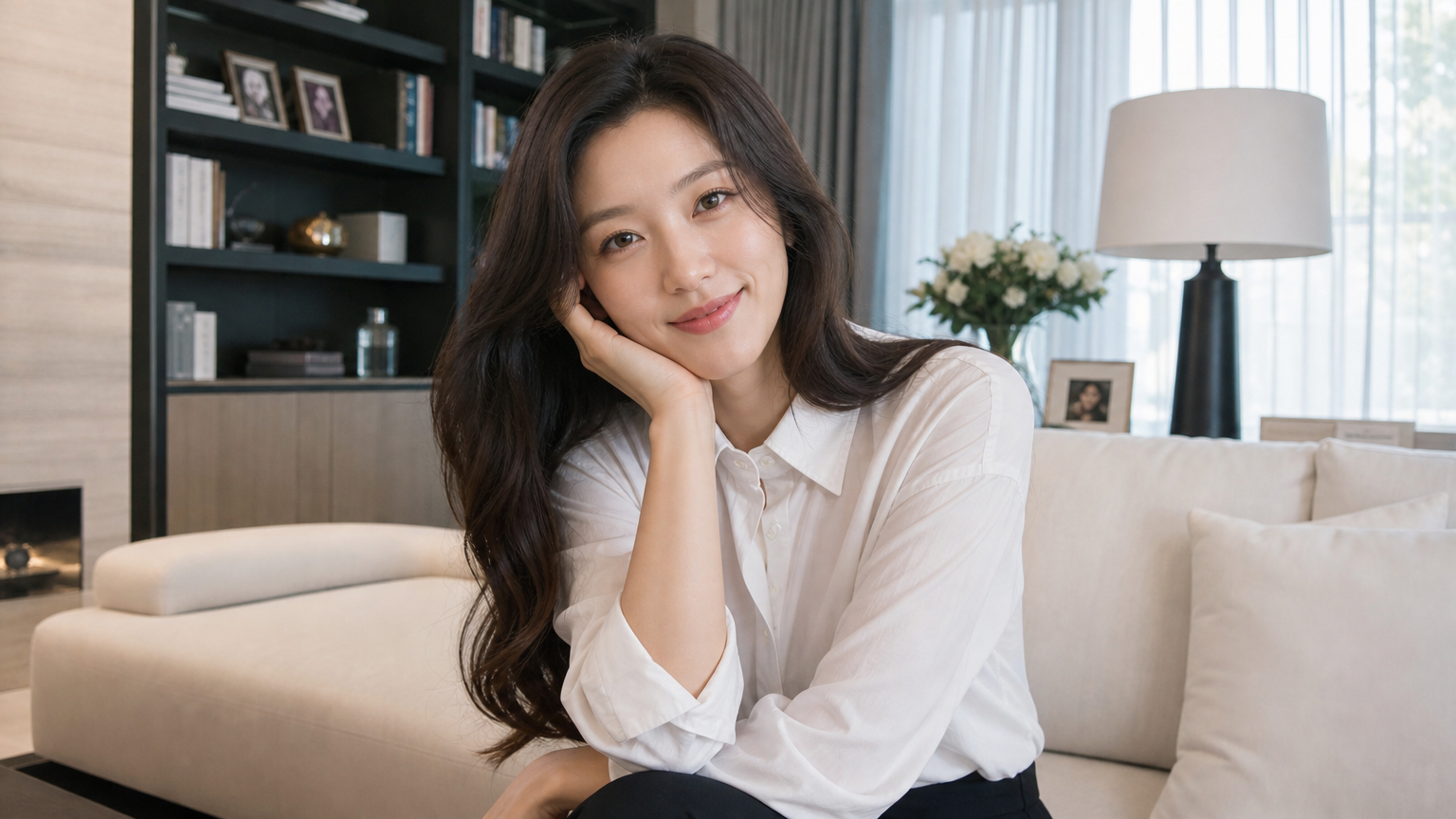 현대적인 거실에서 편안한 분위기를 자아내는 중년 여배우