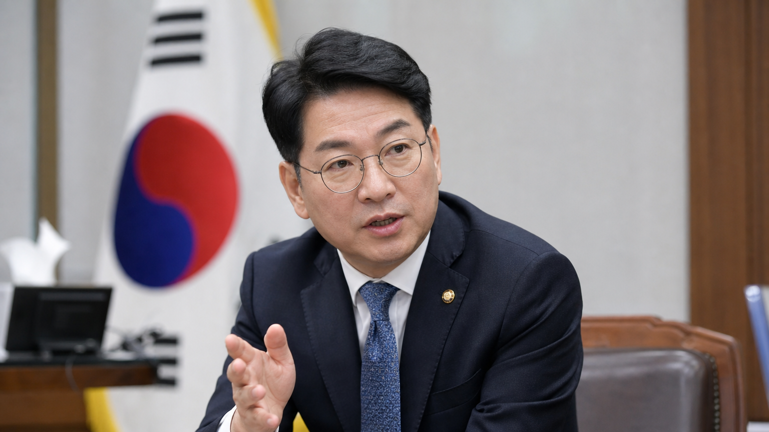 현대적인 사무실에서 입법 문제를 논의하는 한국 정치인의 모습