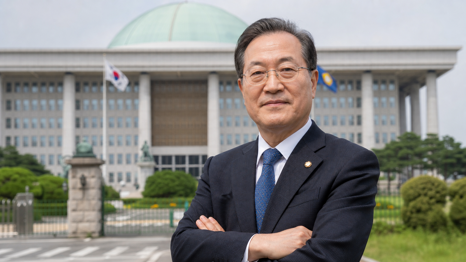 서울 국회의사당 앞에서 자신감 있는 자세로 서 있는 한국 국회의원