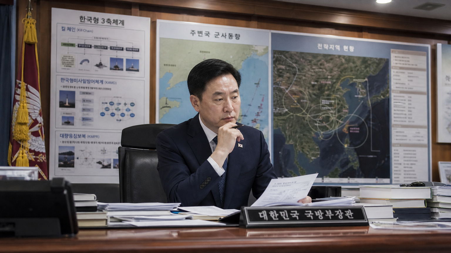 전략 지도와 문서가 가득한 사무실에서 군사 개혁을 계획하는 한국 방위 장관