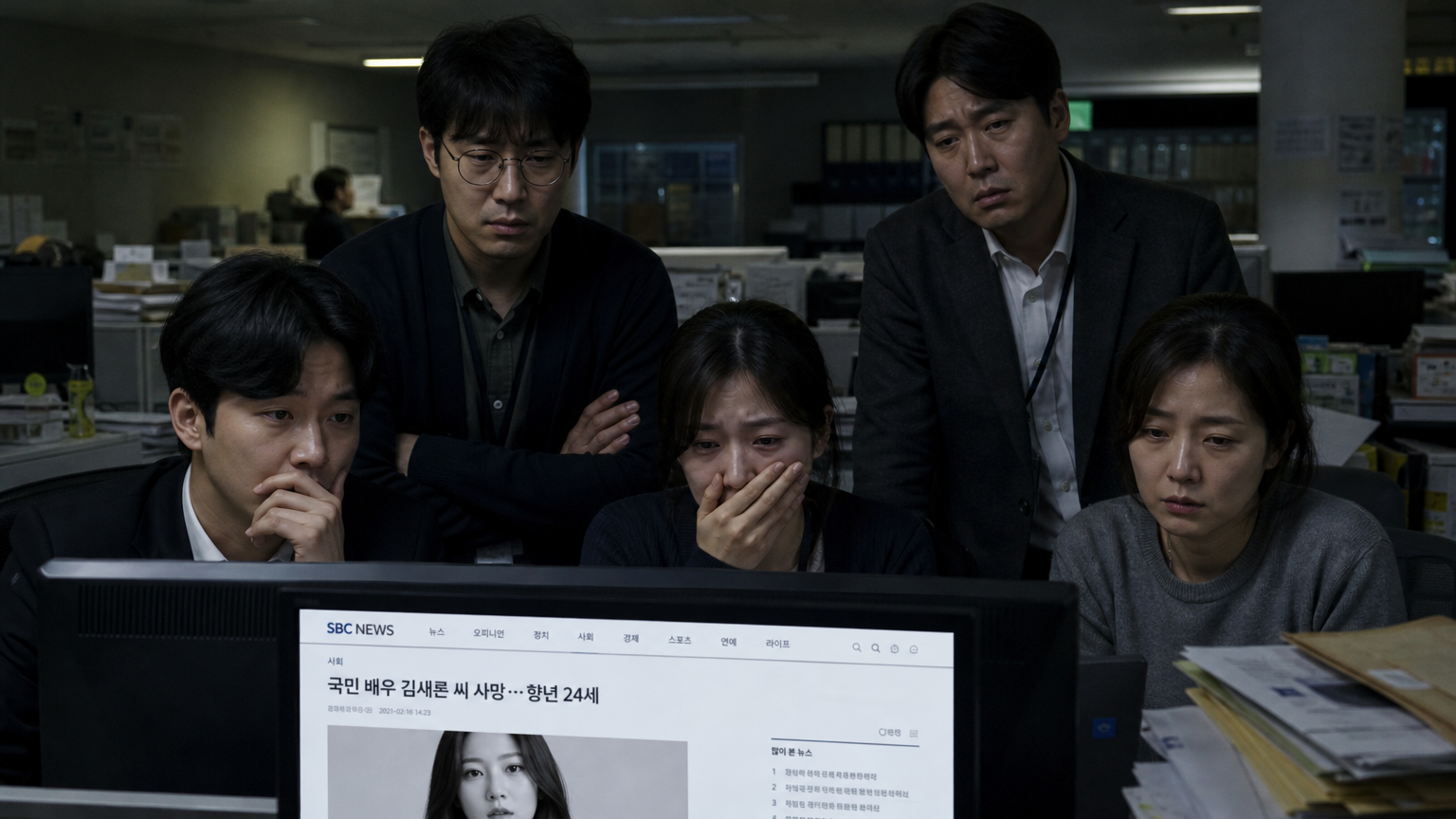 한국 사무실에서 배우의 별세 뉴스를 보고 있는 직장인들