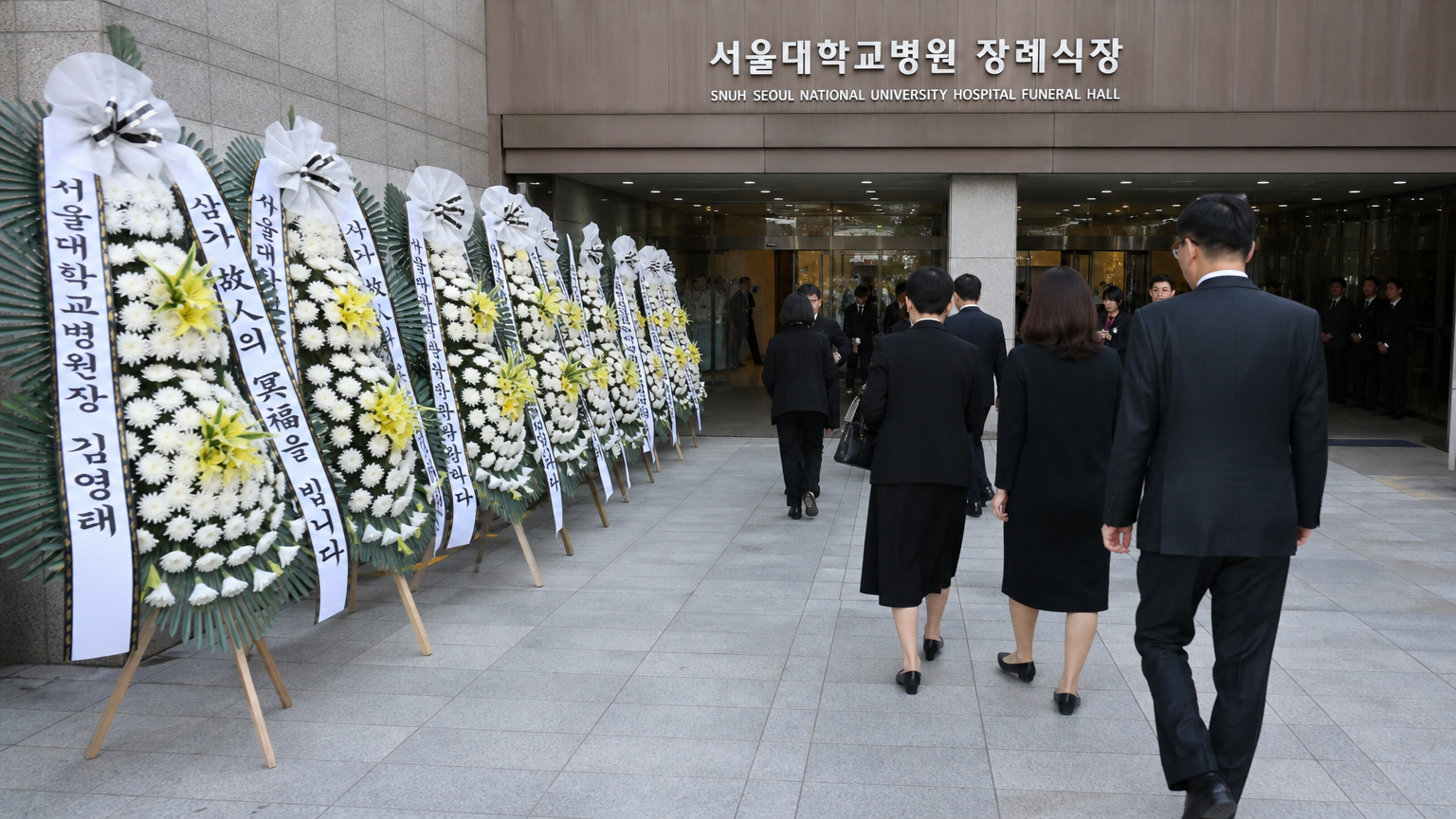서울대학교병원 장례식장의 근조 화환과 조문객들