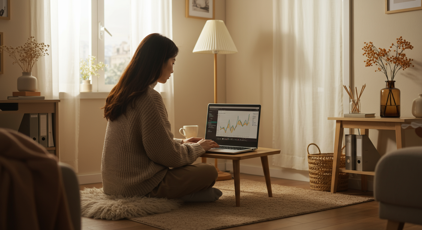 집에서 노트북으로 금융 상담을 진행하는 여성