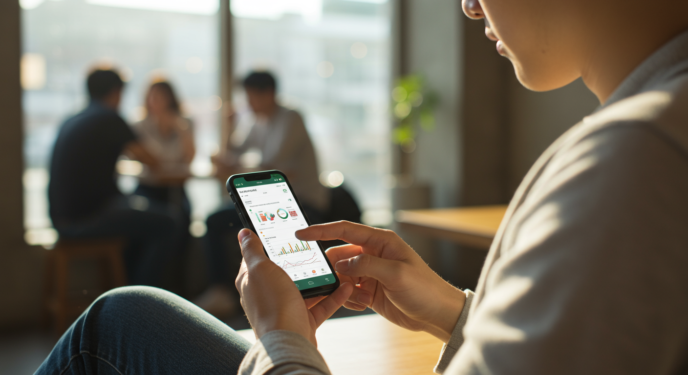 도시 카페에서 스마트폰 앱을 사용하는 남성