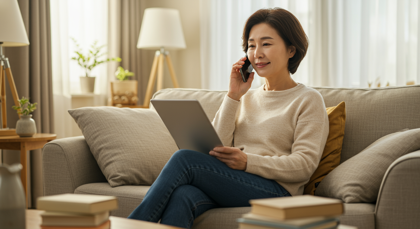 거실에서 전화를 통해 금융상담을 하는 여성