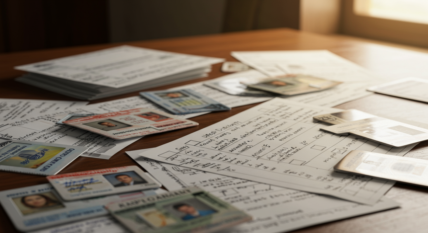 책상 위에 놓인 여러 신분증과 체크리스트