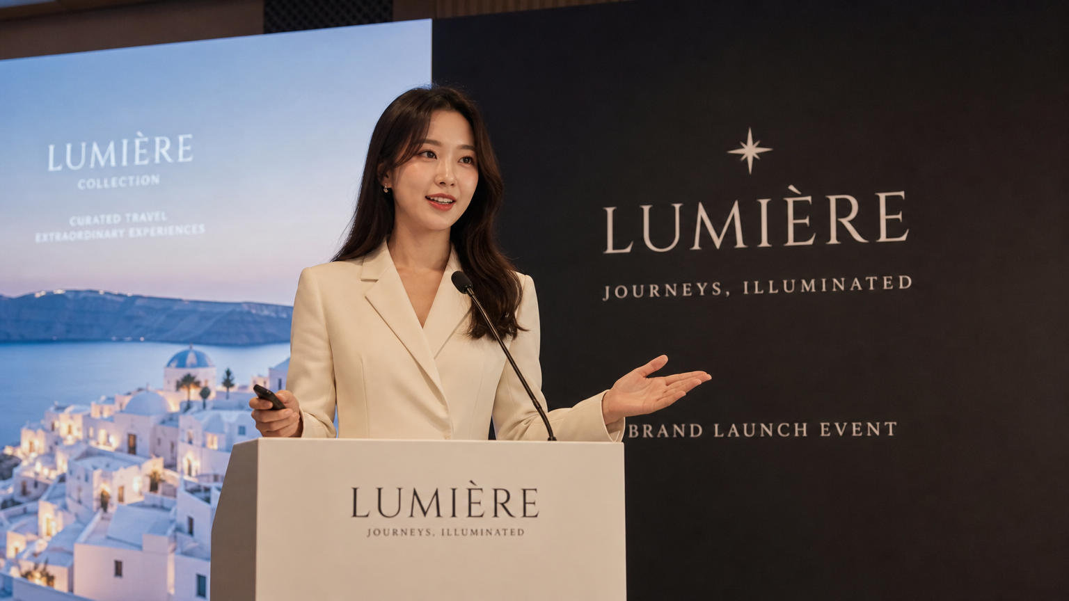 세련된 한국 비즈니스 여성이 우아한 런칭 행사에서 새로운 여행 브랜드를 소개하는 모습