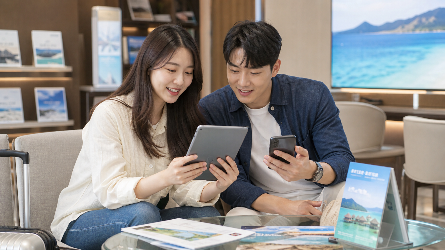 현대적인 라운지에서 태블릿과 스마트폰으로 다양한 여행 패키지를 살펴보는 젊은 성인들
