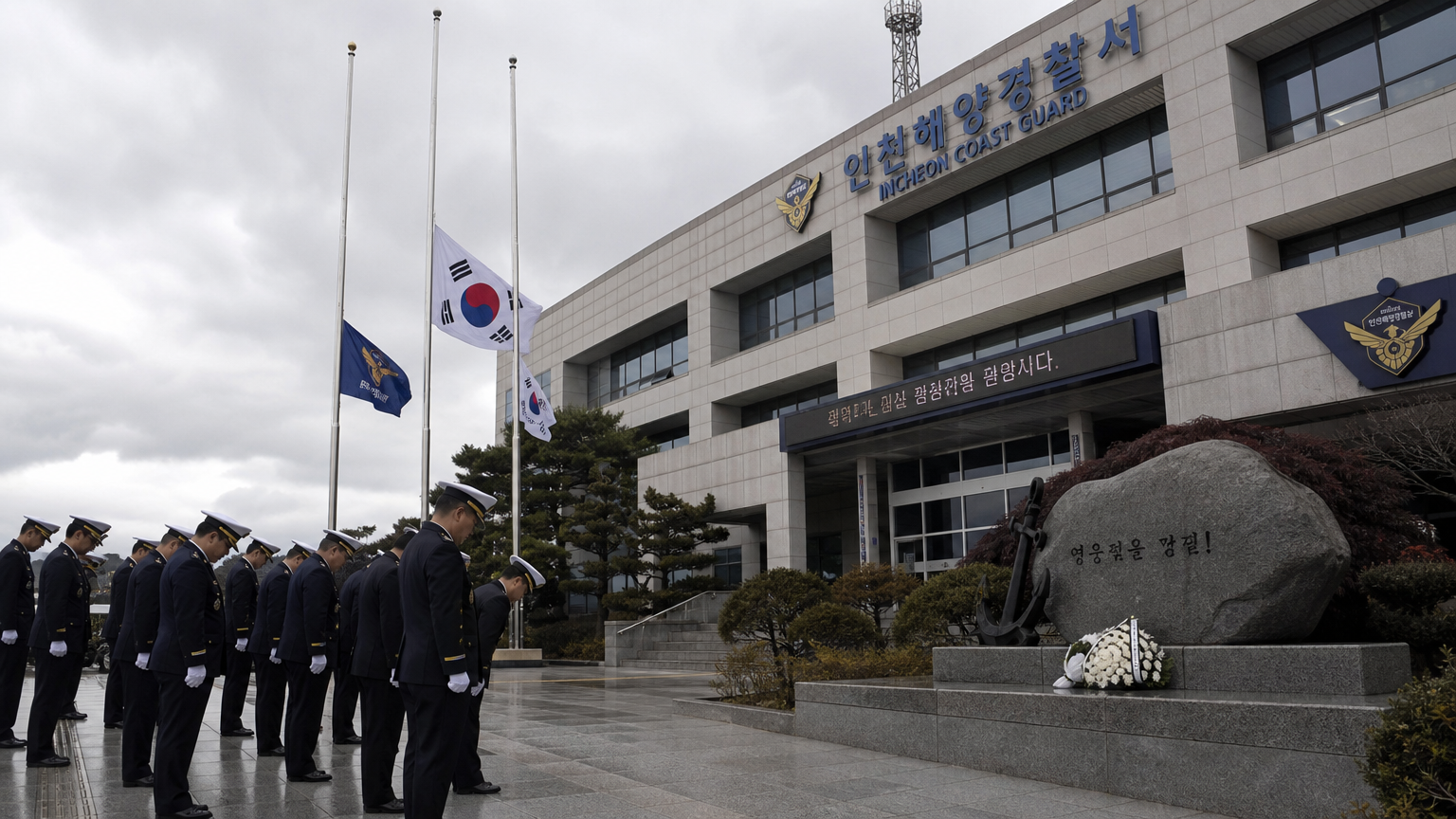 인천해양경찰서 본부에서 반기 게양된 국기와 경의를 표하는 경찰관들