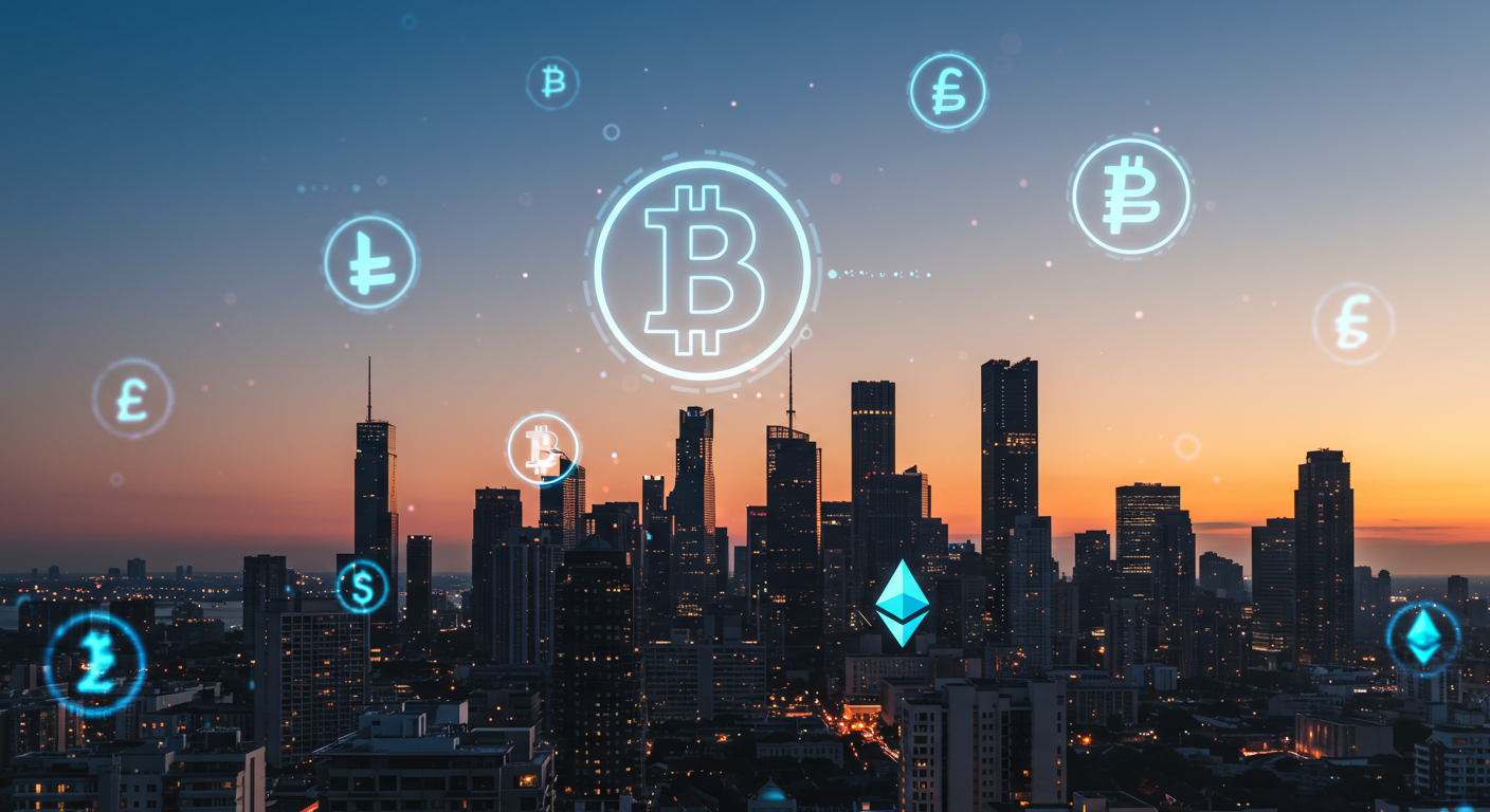 현대적인 도시 풍경에 디지털 암호화폐 기호가 겹쳐진 모습