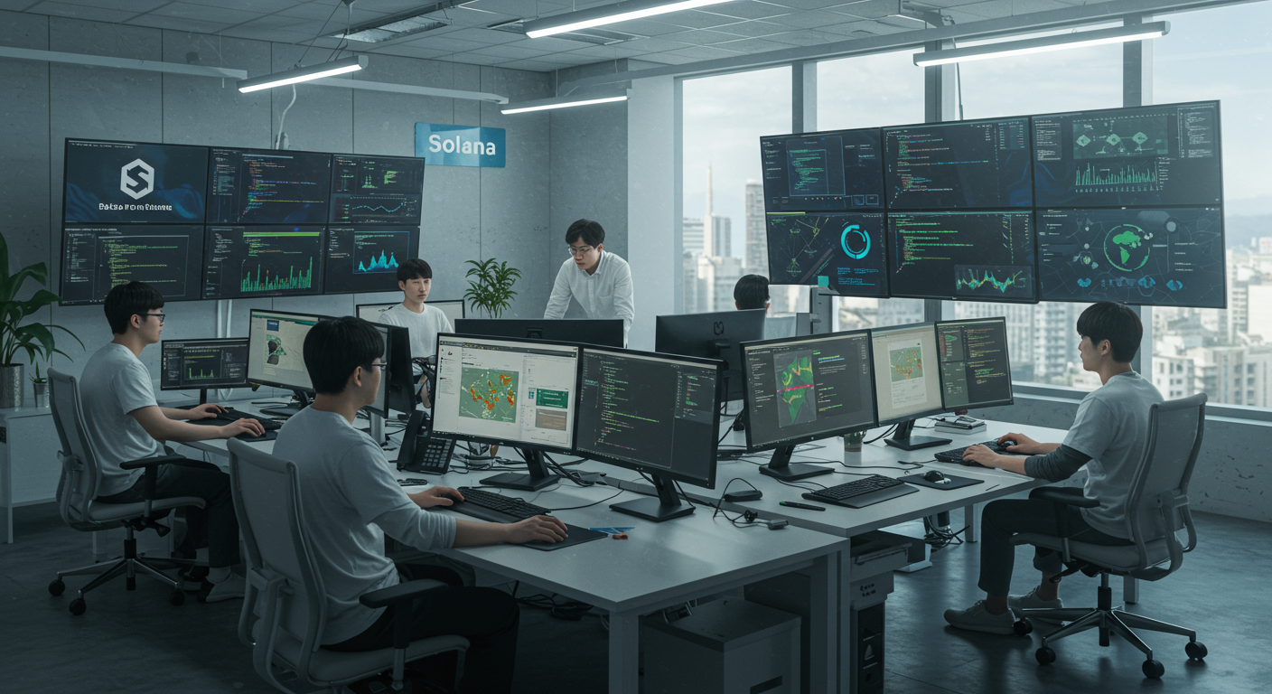 첨단 사무실에서 솔라나 블록체인 프로젝트를 작업 중인 개발자들