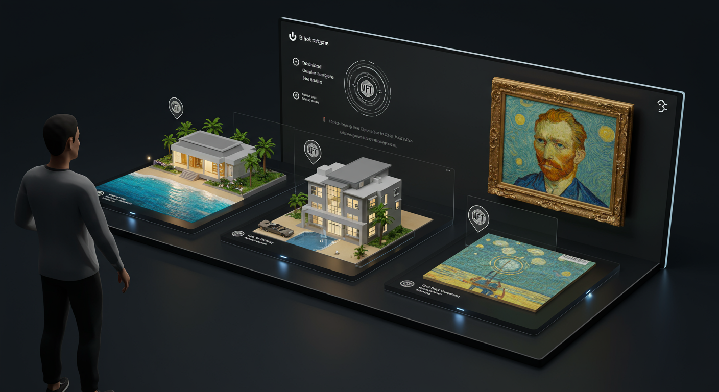 부동산과 예술품 같은 실물 자산이 디지털 플랫폼 상에서 토큰화된 가상 이미지