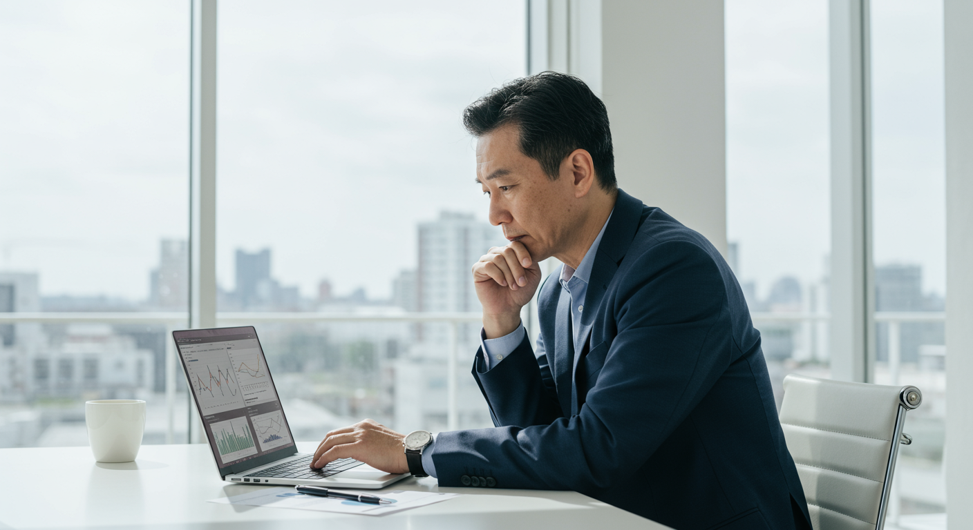 현대적인 사무실에서 차트와 데이터를 분석하는 투자자의 신중한 모습