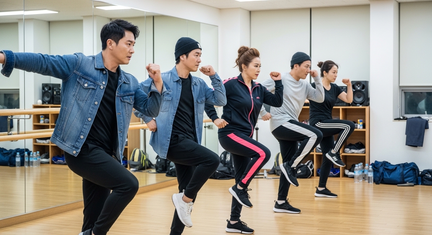 중년의 한국 아이돌들이 연습실에서 춤 동작을 연습하는 모습
