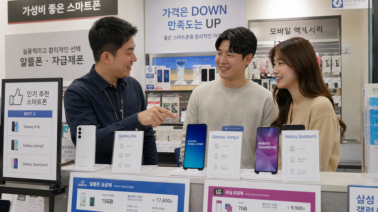 전자제품 매장에서 경제적인 스마트폰 구매를 논의하는 한국인들의 모습