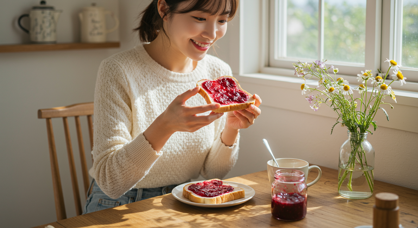 아침 식탁에서 토스트에 발라 먹는 보리수 잼을 즐기는 여성