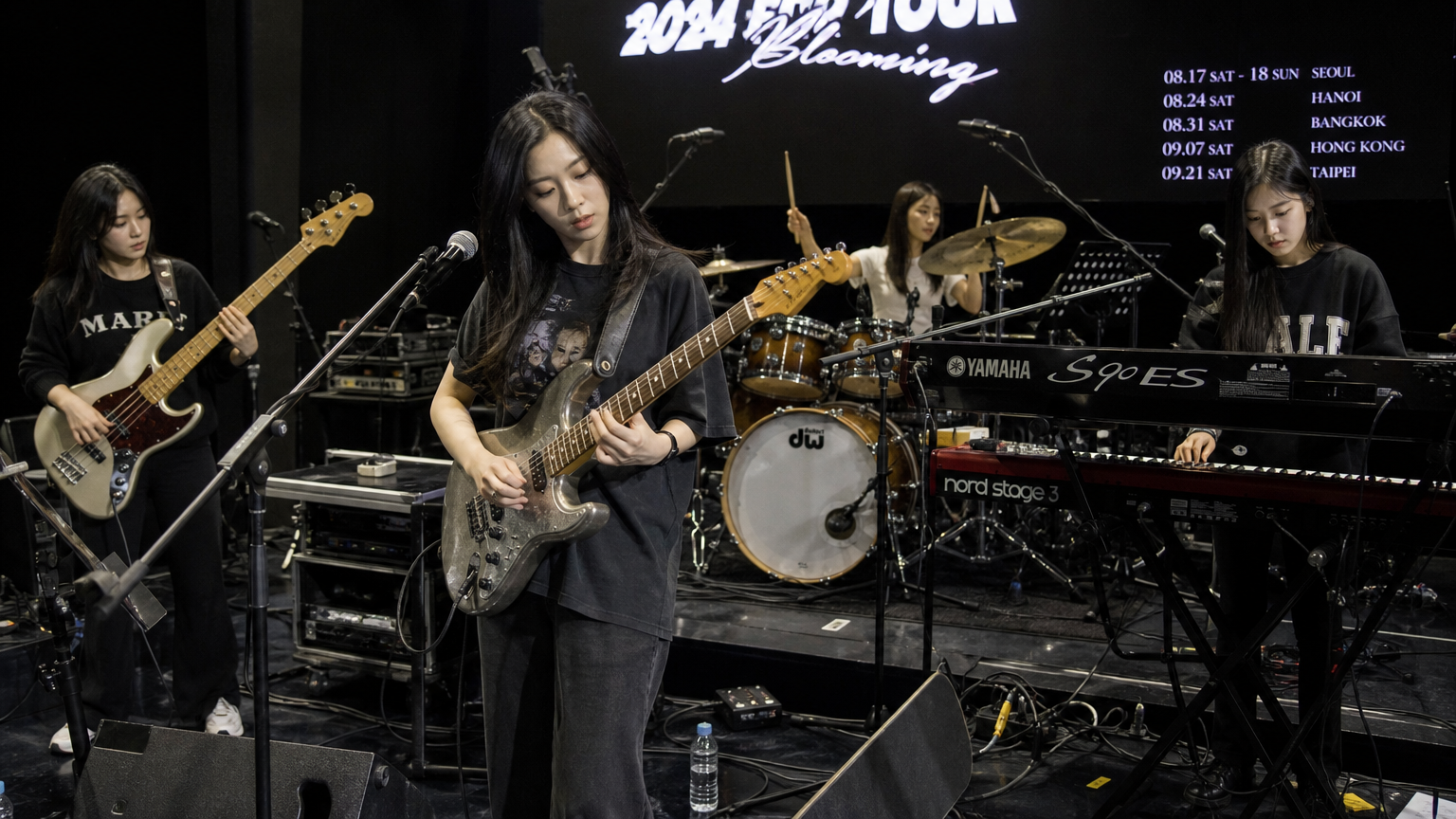 콘서트 투어 준비 중인 한국 여성 음악 그룹의 리허설 장면