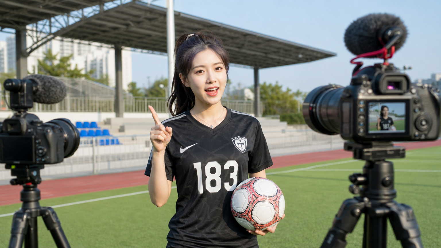 축구장에서 브이로그 촬영 중인 젊은 여성이 생생하게 담긴 장면