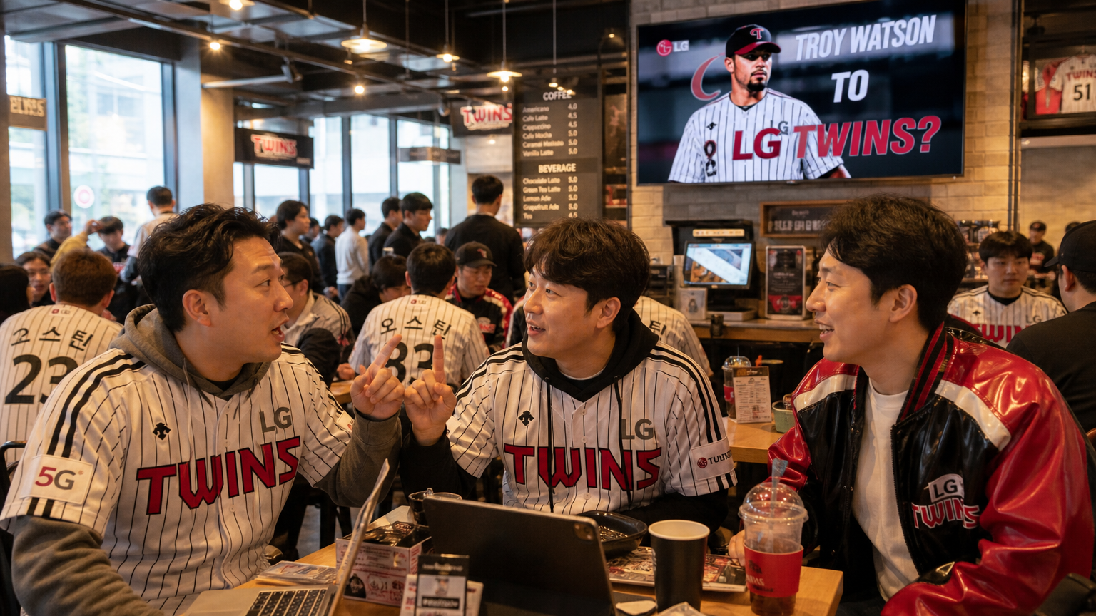 활기찬 스포츠 카페에서 트로이 왓슨의 LG 트윈스 이적에 대해 이야기하는 팬들
