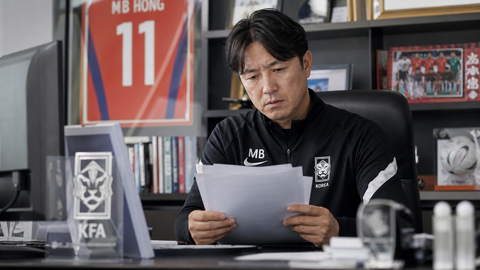 현대식 사무실에서 의료 기록을 검토하는 코치의 우려 섞인 표정