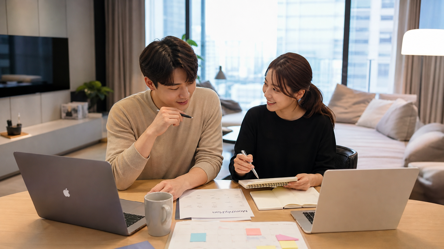 현대적 아파트 거실에서 노트북과 플래너를 앞에 두고 미래 목표를 논의하는 젊은 커플