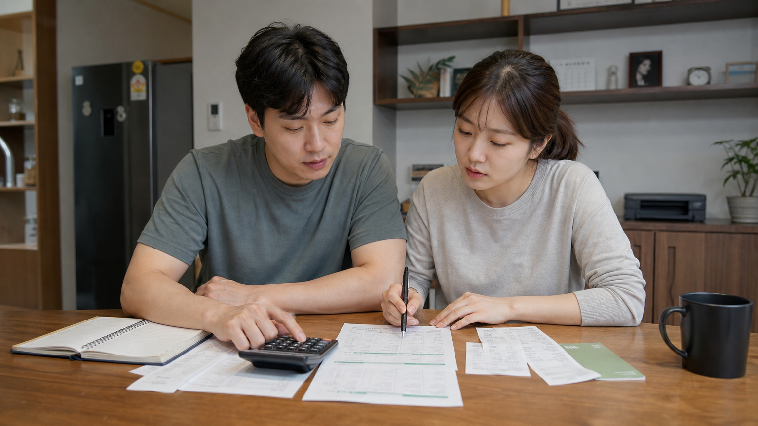 현대적 가정 내에서 계산기와 예산 시트를 활용하여 재정을 정리하는 커플