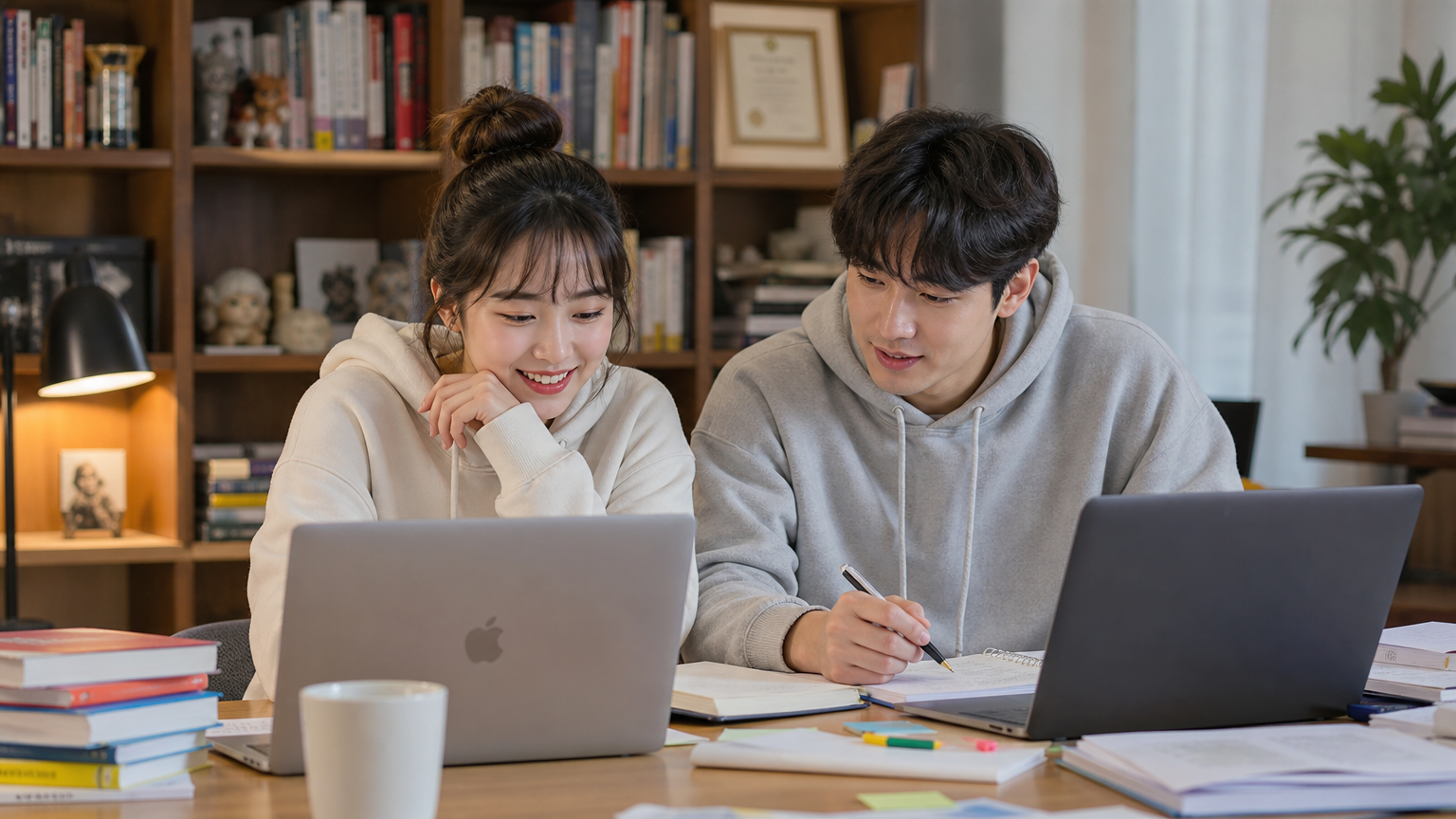 아늑한 공부방에서 온라인 강의를 위해 책장과 노트북을 활용하여 함께 공부하는 커플