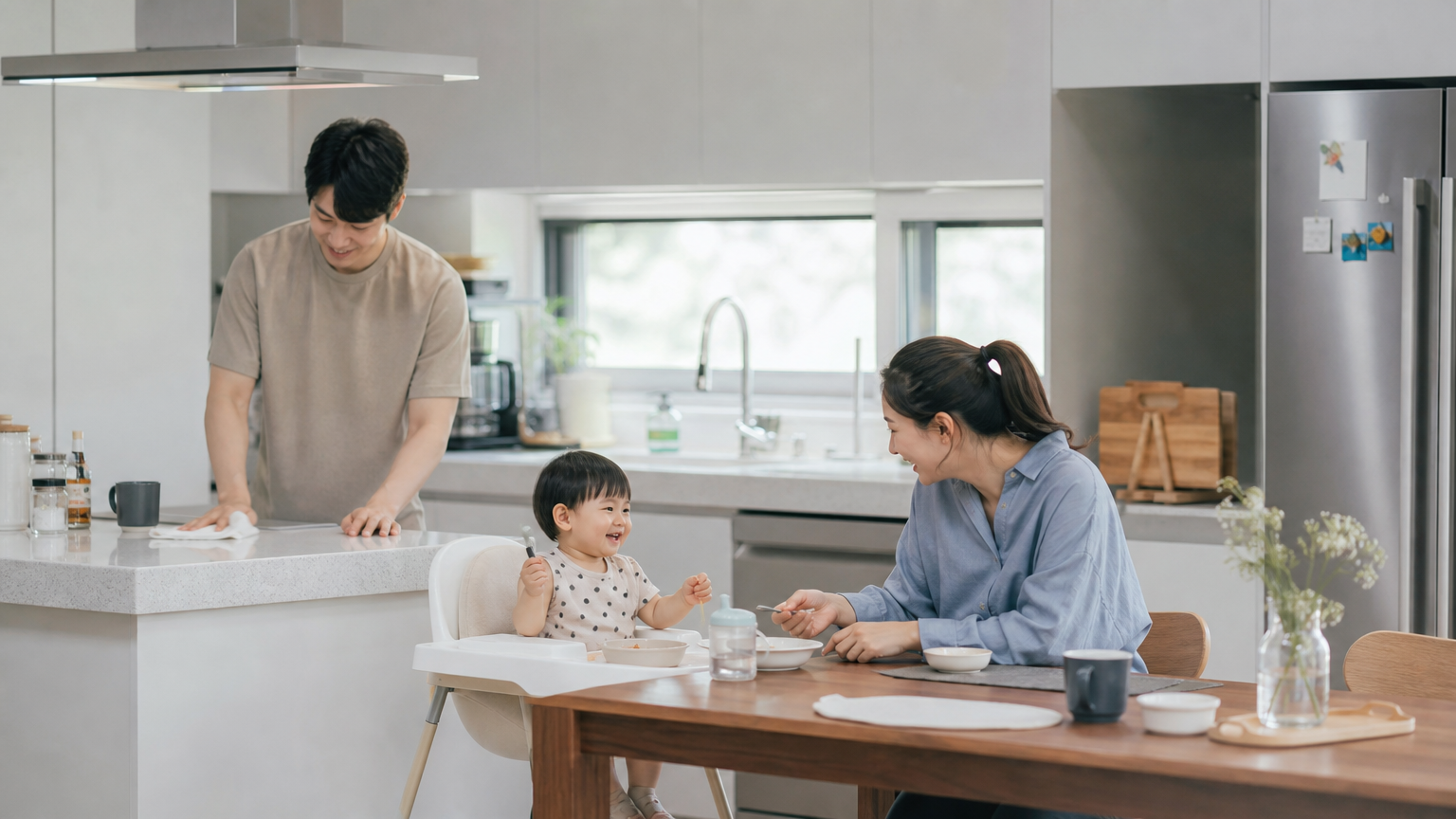 현대적인 주방에서 유아를 돌보며 가사를 나누는 젊은 가족