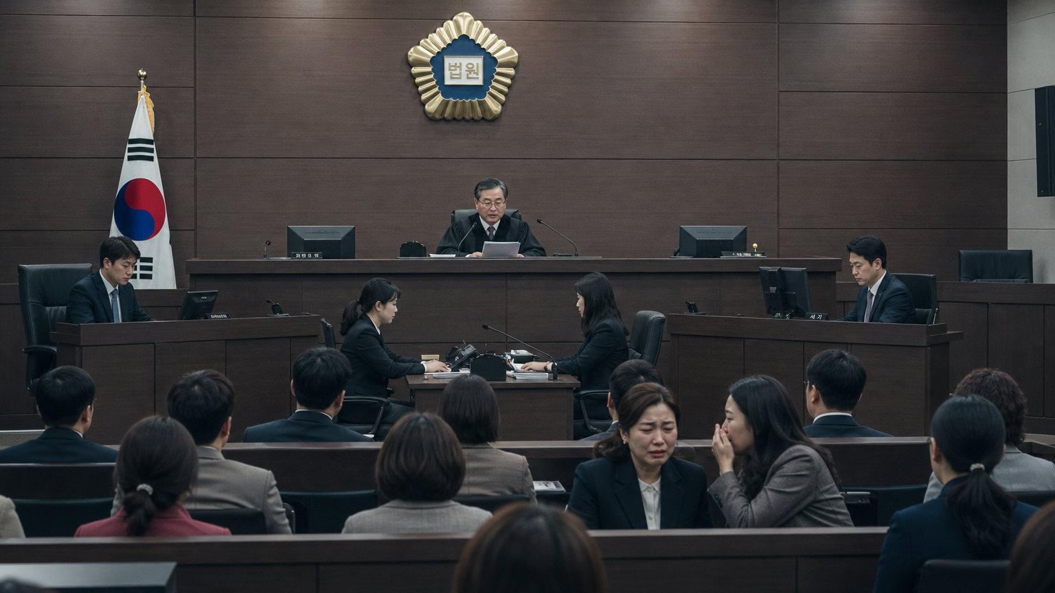 한국 법정에서 판결을 내리는 모습과 다양한 감정을 보이는 방청객들