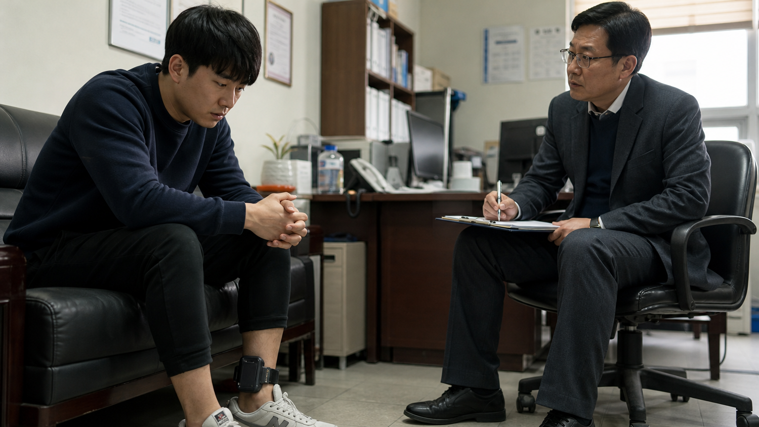 전자발찌를 착용하고 보호관찰관과 상담 중인 남성의 모습