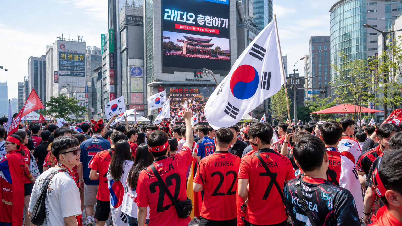 도심 광장에서 축구 유니폼을 입고 모인 팬들의 열광적인 모습