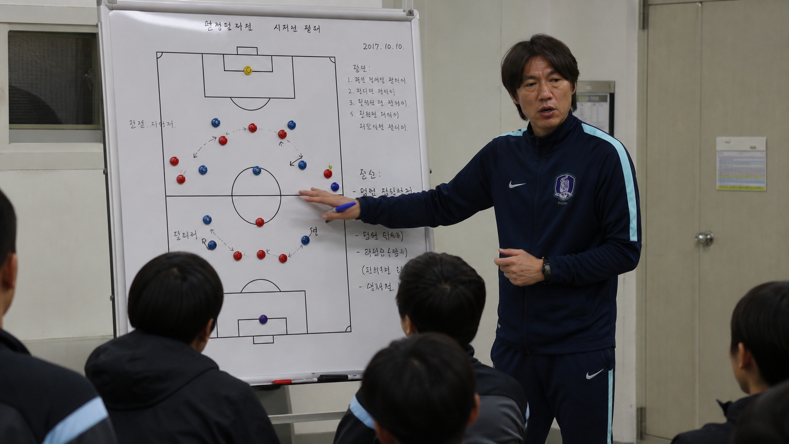 한국 감독이 훈련 세션 중에 보여주는 전술 보드와 포메이션